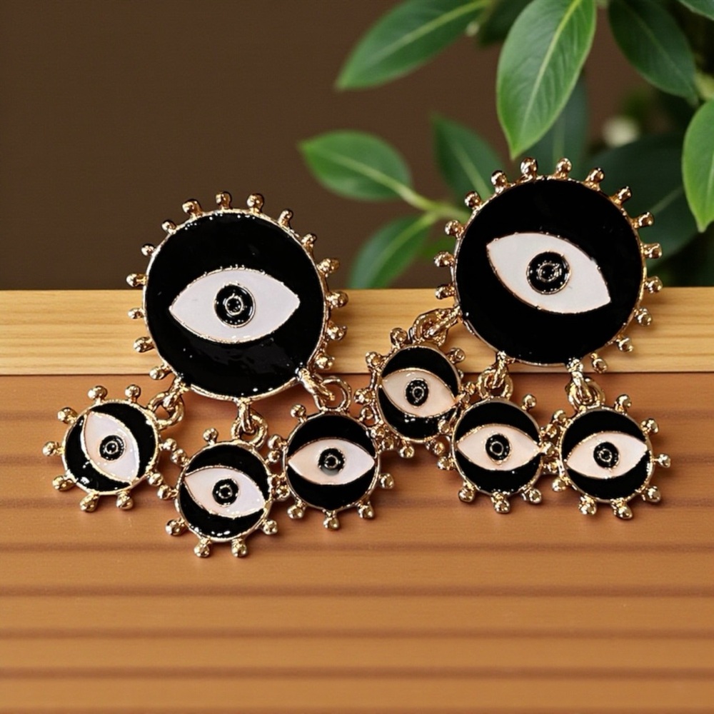 Chic Black and Gold Toned Evil Eye Dangling Earrings - Picture 16 of 17